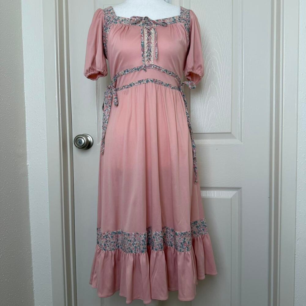 VTG 70s Pink Prairie Midi Dress Side Ties Fruit Calico Corset Bodice Sz 5 S M